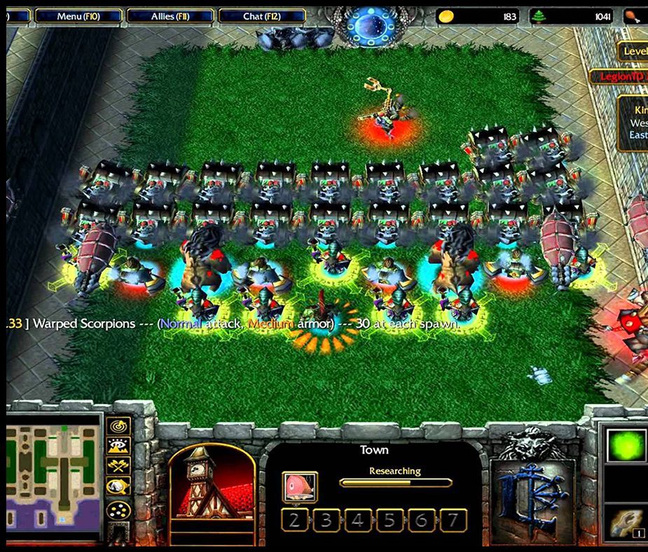 Warcraft 3 Legion TD, holding a lane against a wave of Warped Scorpions